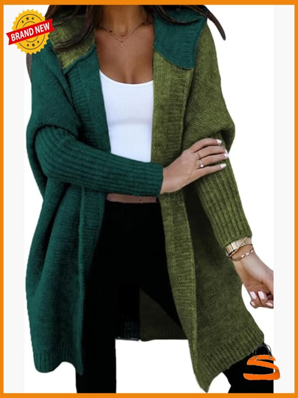 Women's Color Block Knit Cardigan Sweater Long Sleeve Open Front Hoodie